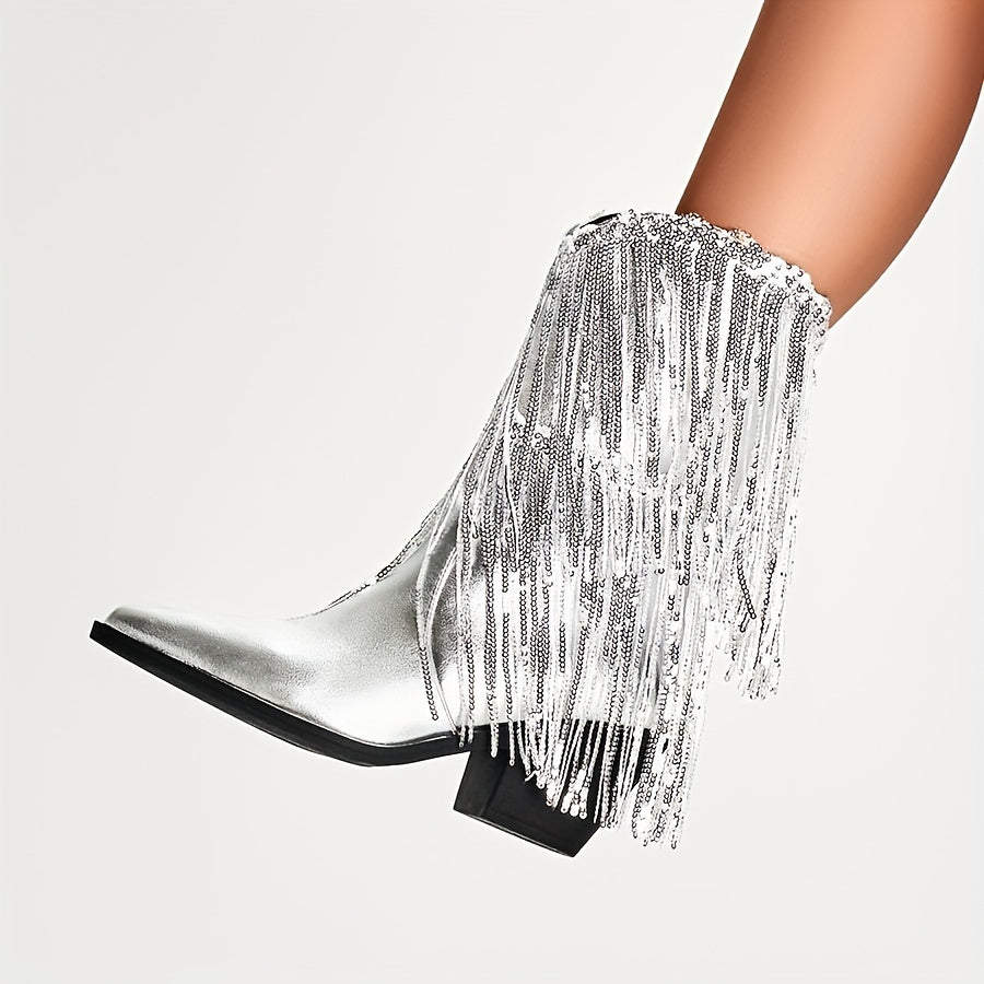 Женские серебряные сапоги с пайетками до середины икры и бахромой