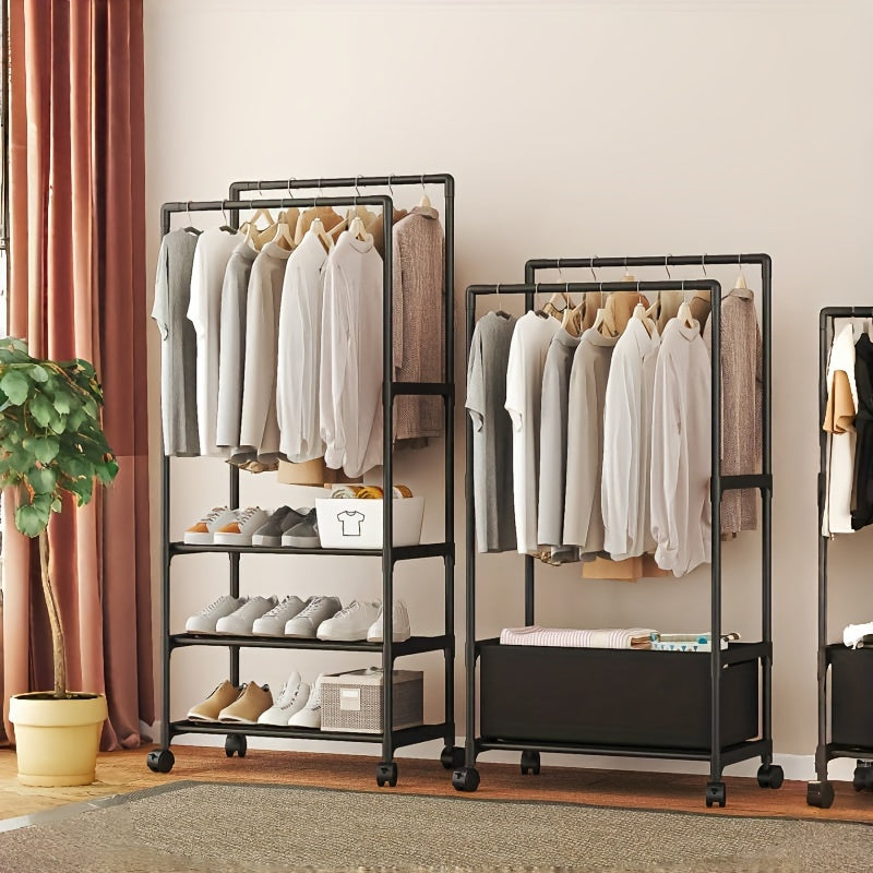 Perchero independiente con ruedas y estantes, altura de 147.98cm, organizador de ropa expandible