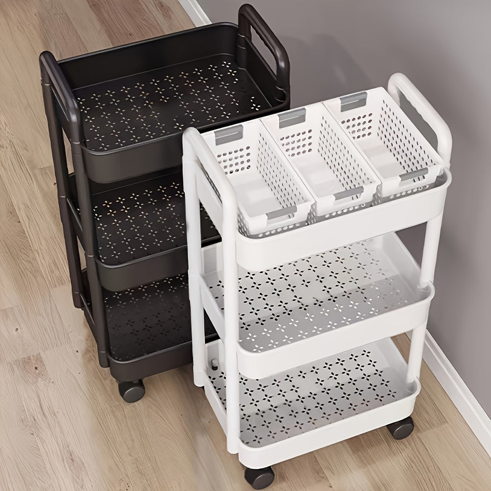 White and Black Plastic Rolling Storage Cart 3-Tier Organizer for Kitchen Bathroom Bedroom