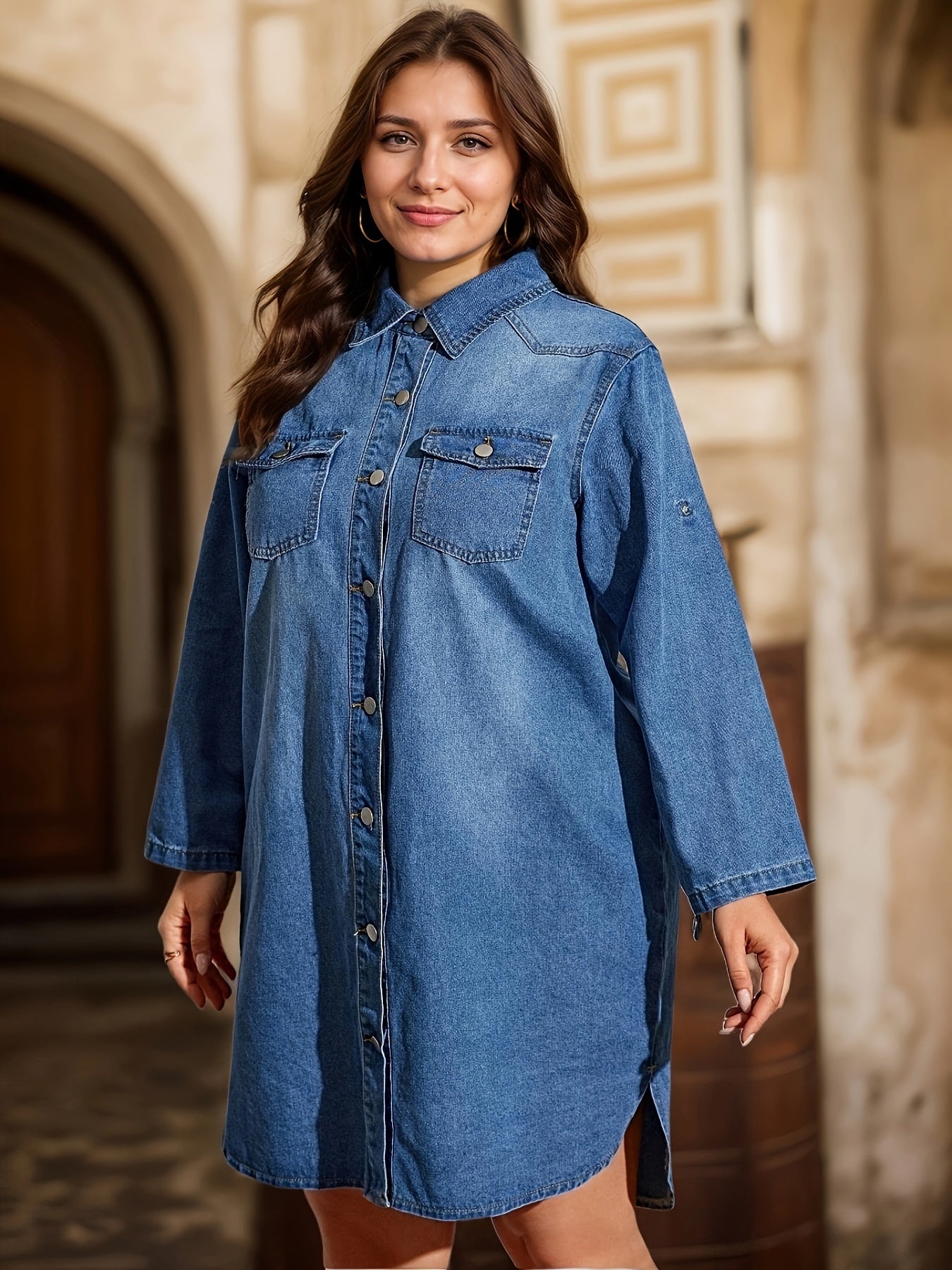 Women's Denim Dress with Ruffle Hem Long Sleeves Button-Up Vintage Style