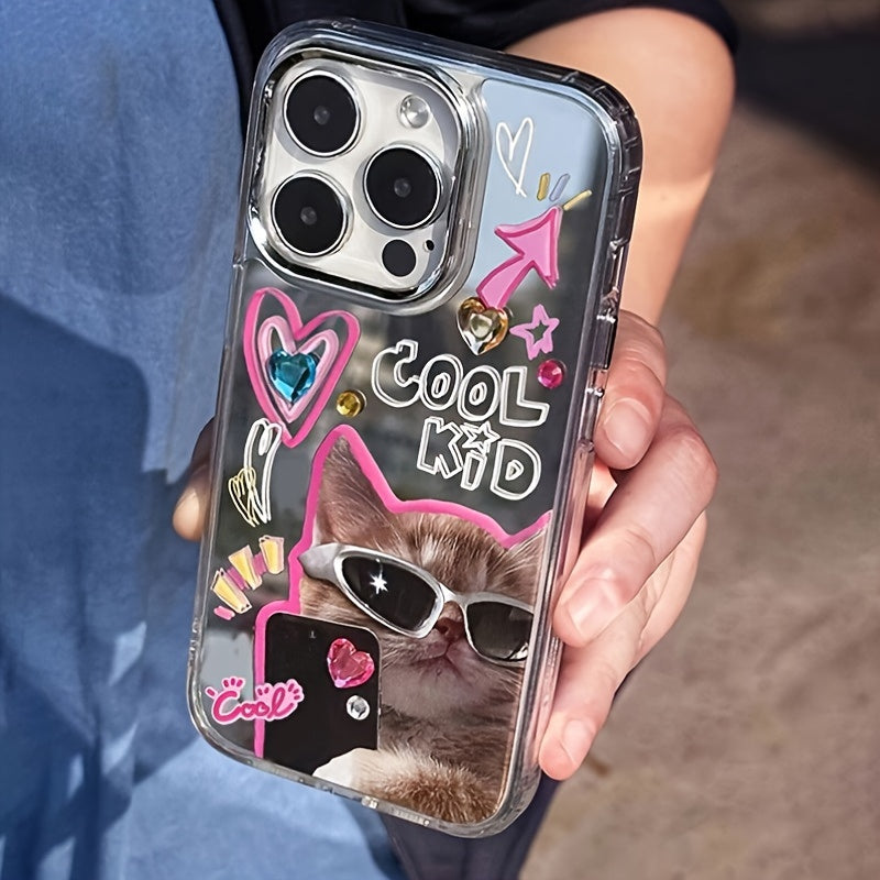 Funda para teléfono con gafas de gato y espejo de diamantes, rhinestone, TPU para niñas