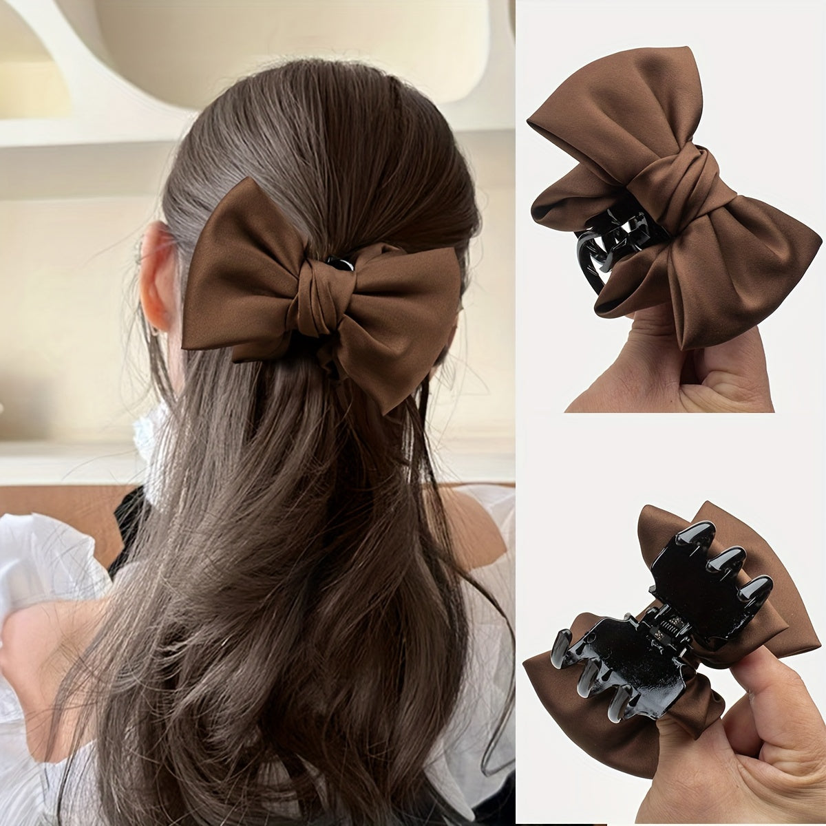 Women's Hair Clip Bowknot Non-Slip Fabric Hair Accessory for Ponytails in Khaki and Black