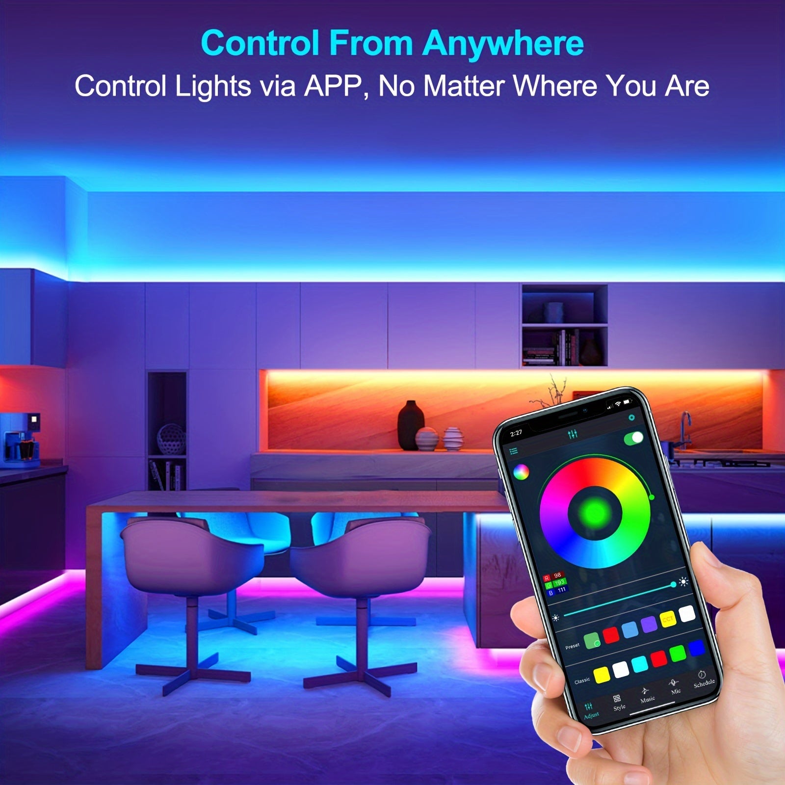 Wireless RGB LED Strip Controller App Control USB Powered Compatible with 5V-24V DC Lights Music Sync