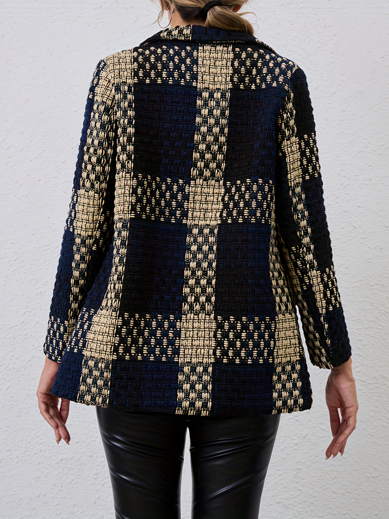 Women's Plaid Double-Breasted Blazer with Lapel Collar for Fall Winter