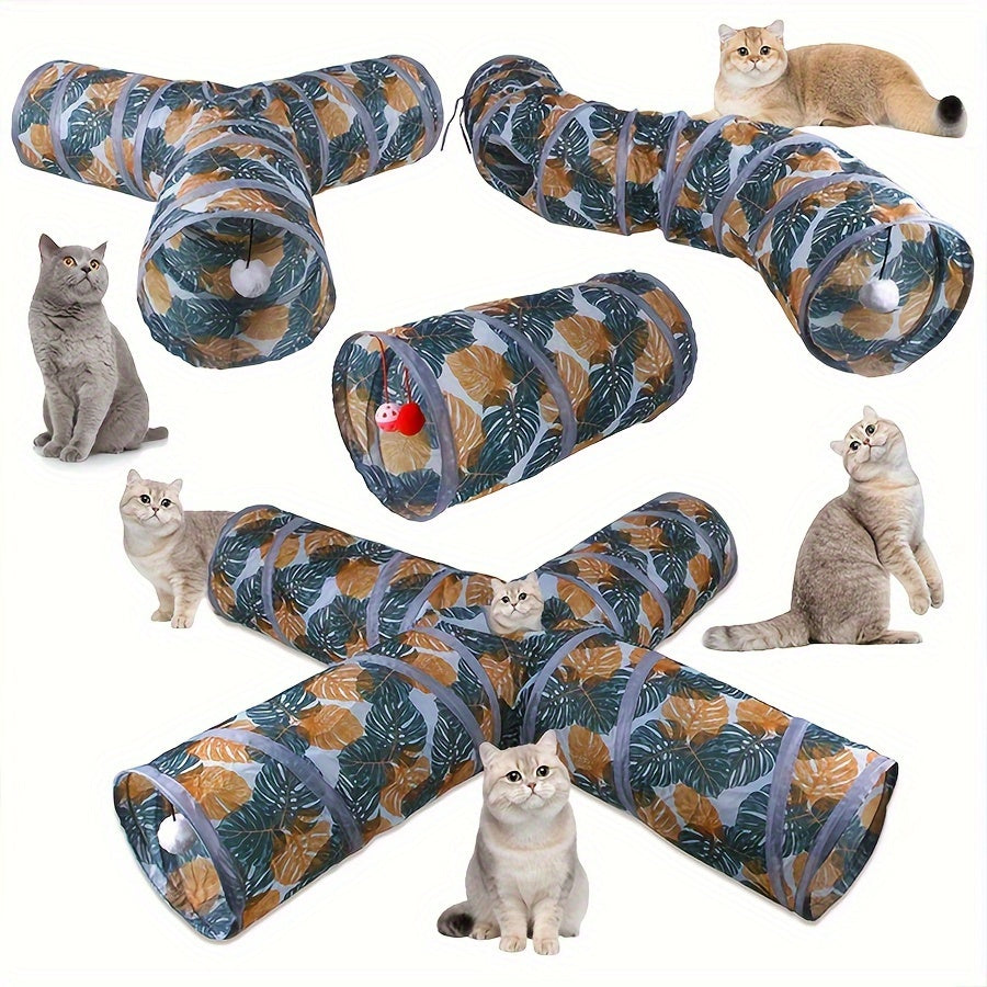 Foldable Polyester Cat Tunnel with Leaf Print, Interactive and Durable Pet Toy