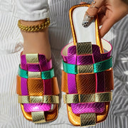 Women's Color-Block Faux Leather Slip-On Square Toe Sandals with Gold and Purple Accents