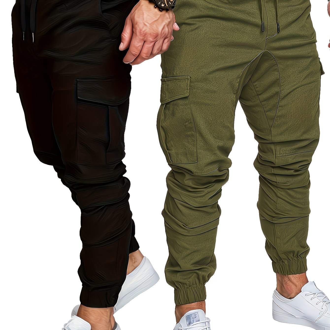 Men's Cargo Pants Set Cotton Solid Color Drawstring Waist Regular Fit All-Season
