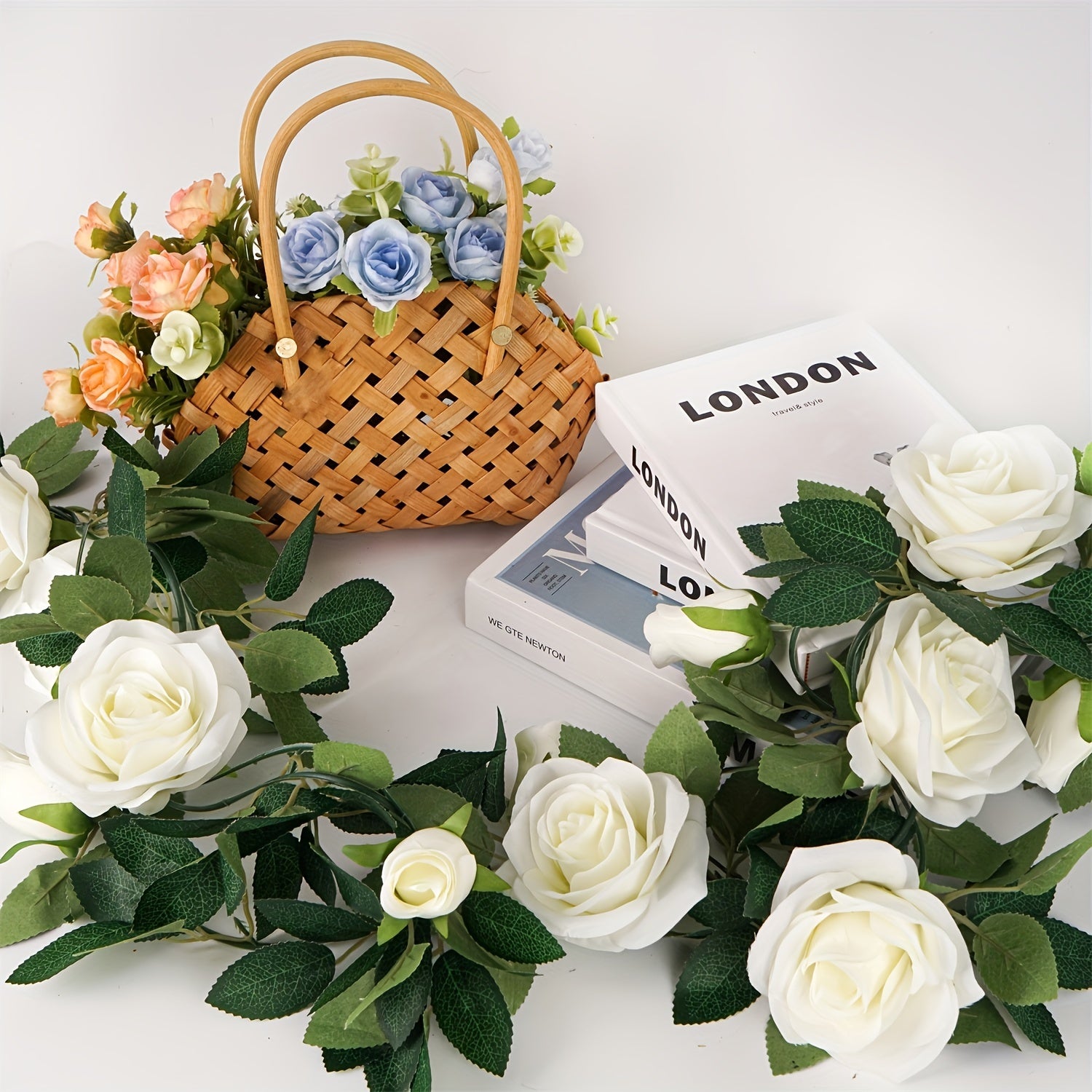 White Artificial Rose Garland 6 Meters for Weddings Gardens Christmas Decor