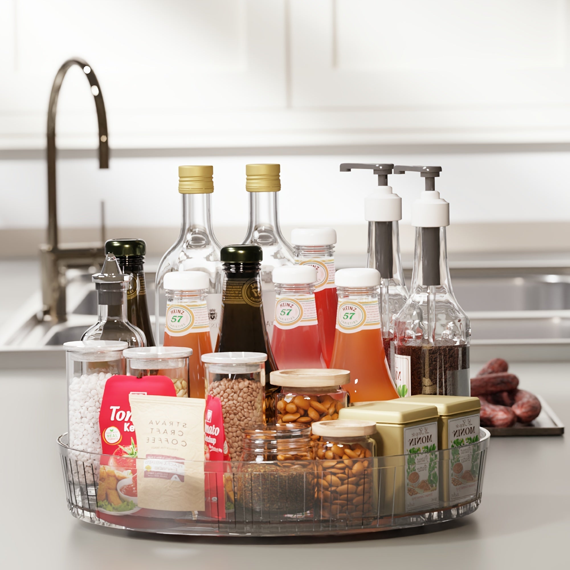 Вращающийся на 360° поднос для кухонного органайзера белого цвета - универсальное хранилище для специй, приправ и косметики - идеально подходит для столешниц и организации кладовых, удобный поднос для кухонной стойки