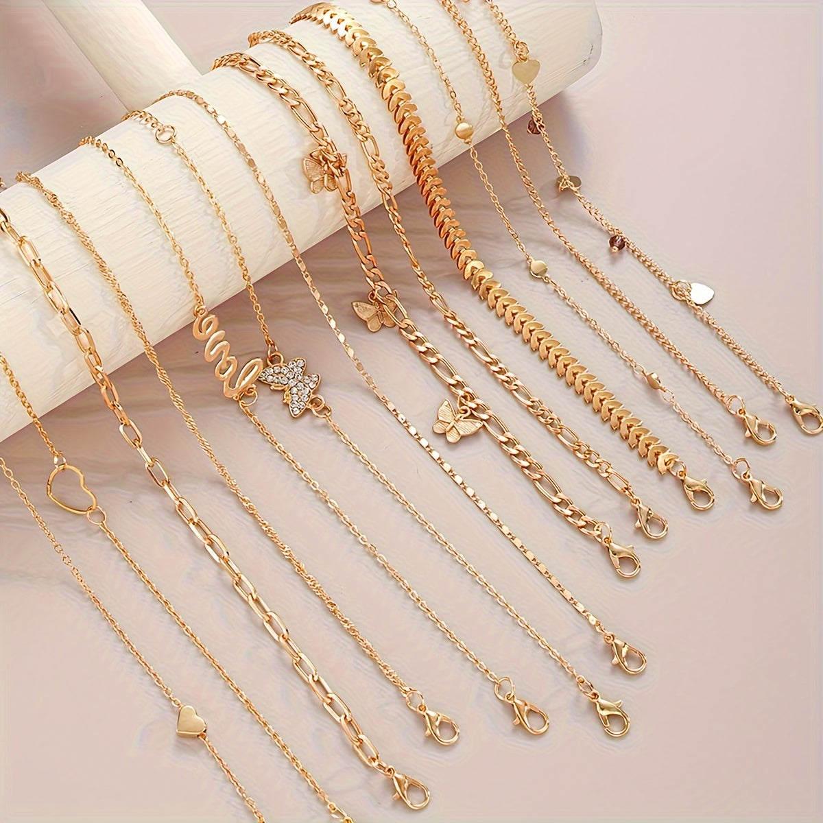 13-Piece Gold-Tone Anklet Set with Butterfly and Love Charms Adjustable Foot Jewelry for Women