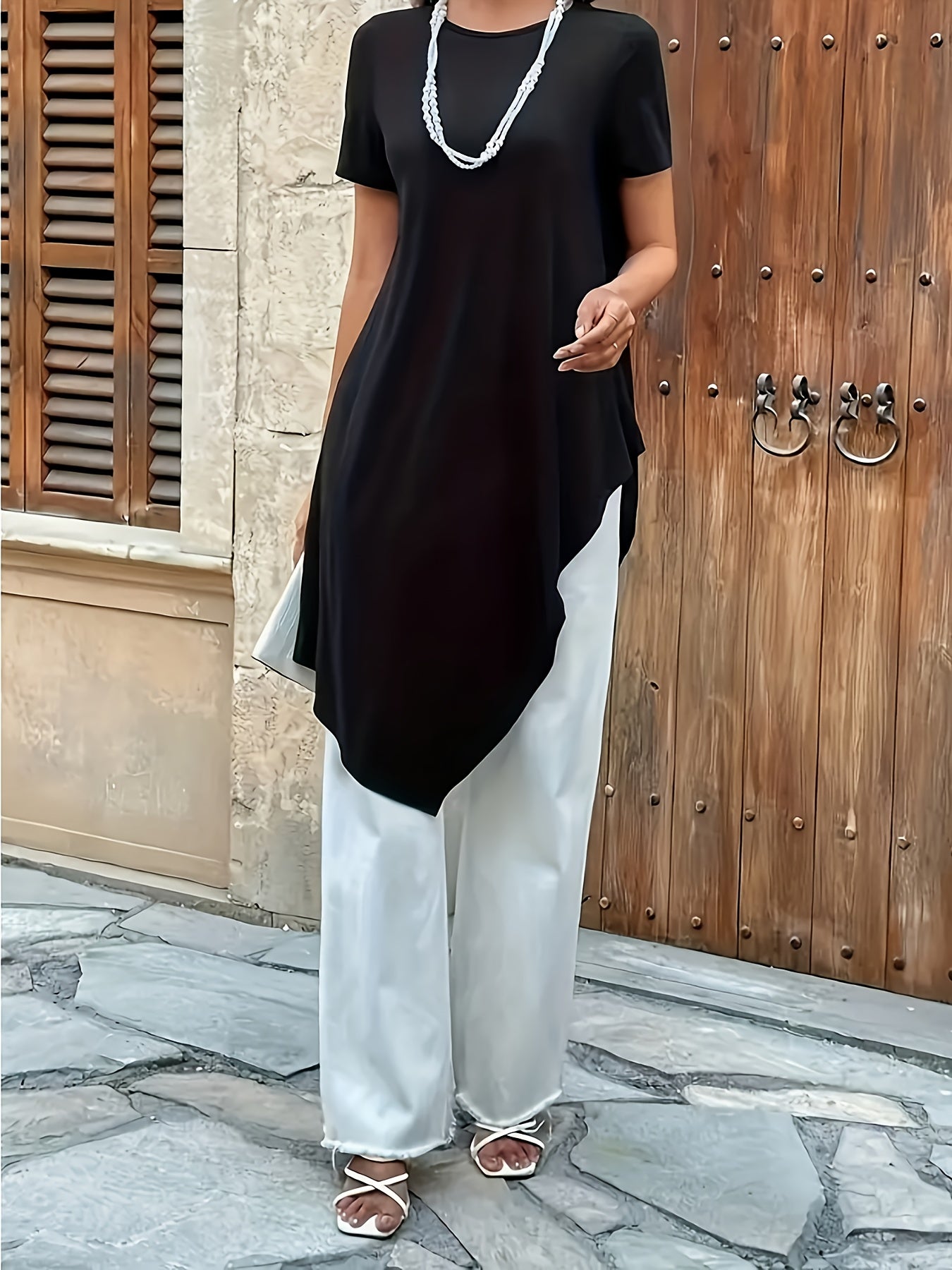 Plus Size Women's Summer Casual Longline T-Shirt Black Short Sleeve Breathable