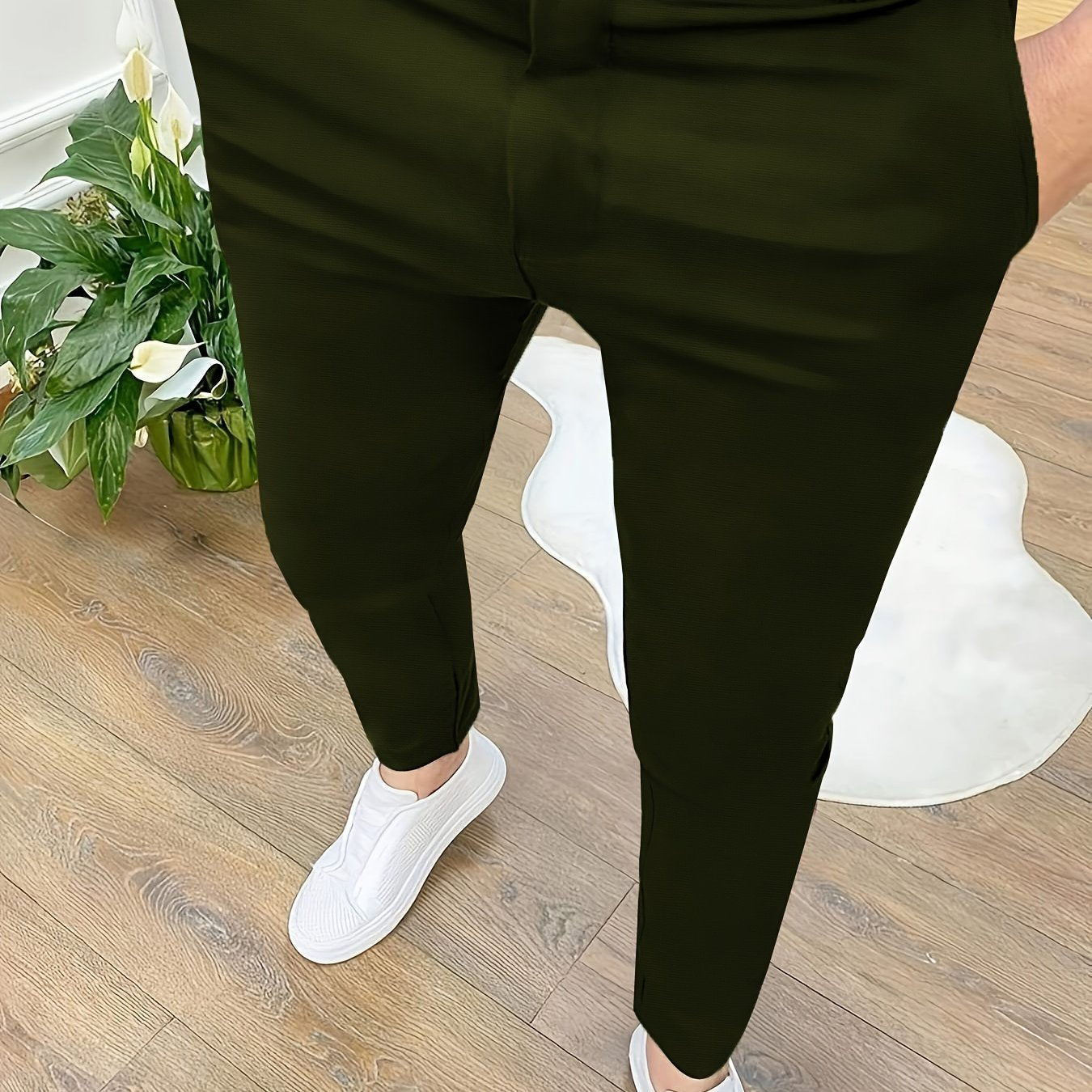 Men's Skinny Fit Polyester Knit Pants with Zipper Detail for All Seasons