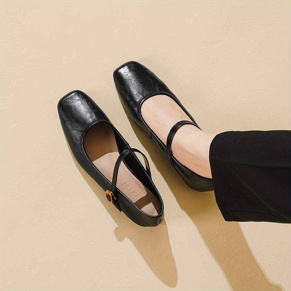 Women Black Faux Cover Mary Jane Flats with Low Heel and Ankle Strap