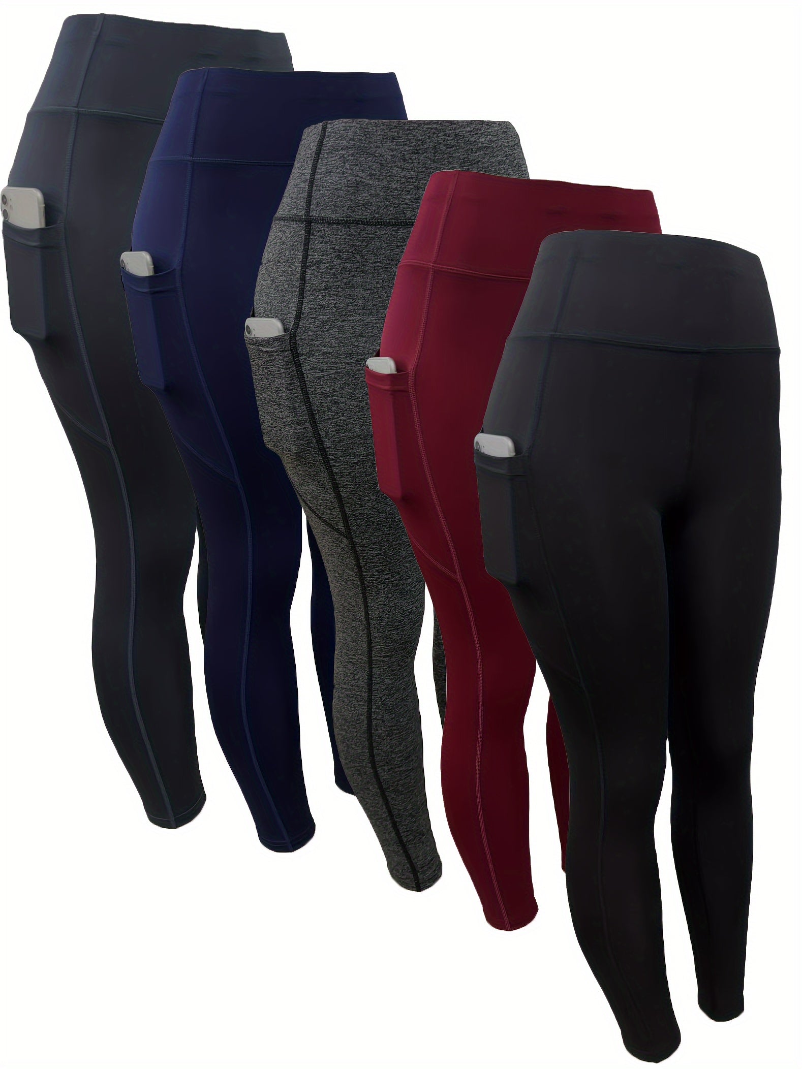 Set of 5 High-Waisted Women's Leggings with Pockets for Running and Casual Wear