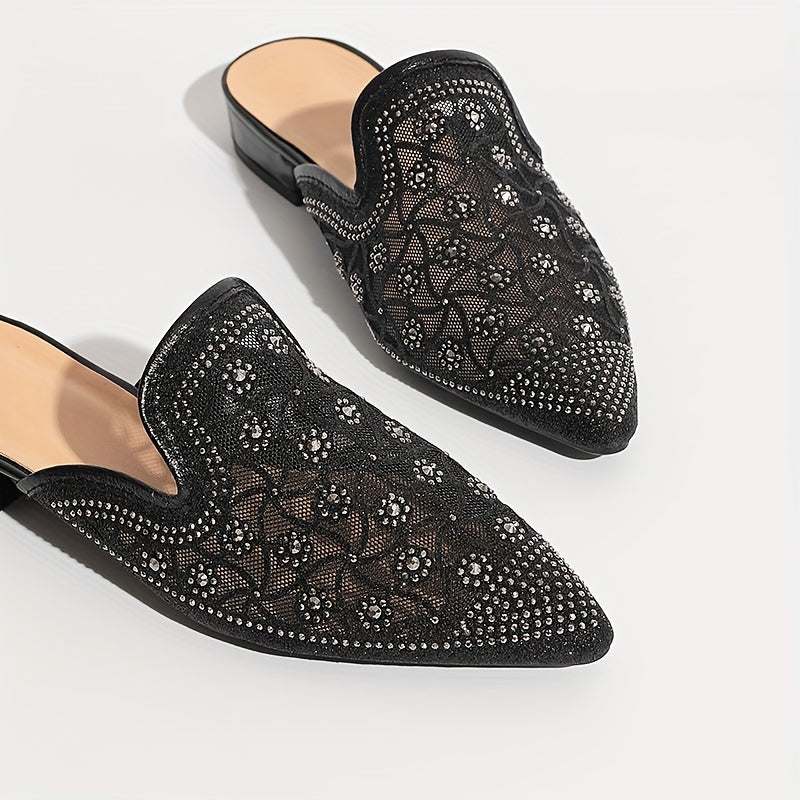 Women's Metallic Rhinestone Pointed Toe Chunky Heel Mules Shoes