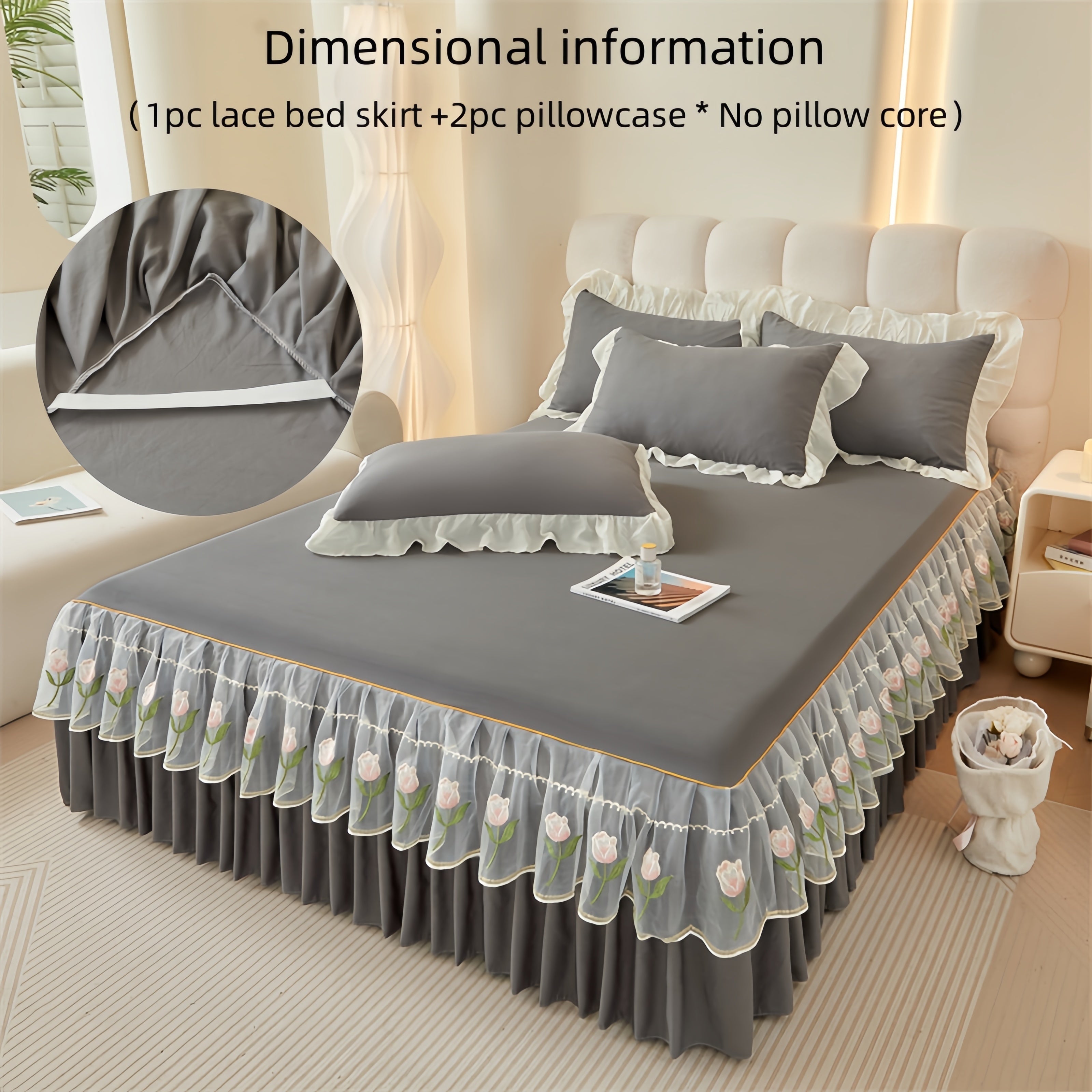 3pcs Embroidered Bed Skirt Set with Rose Lace Ruffles Polyester Includes Lace Bed Skirt and Lotus Leaf Pillowcases for Bedroom Guest Room