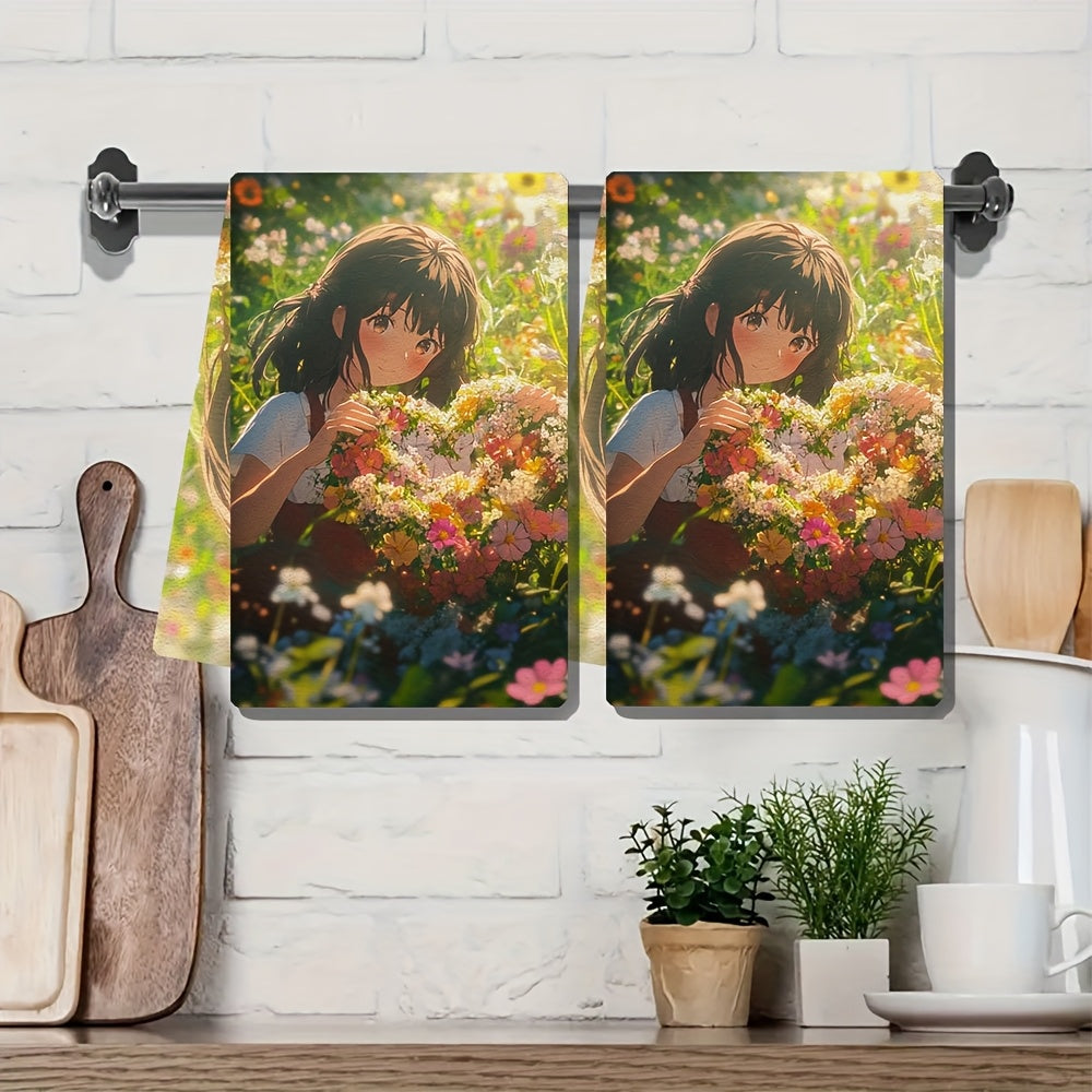 Set of 2 Ultra Soft Kitchen Towels 16x24 Absorbent Anime Girl Decor