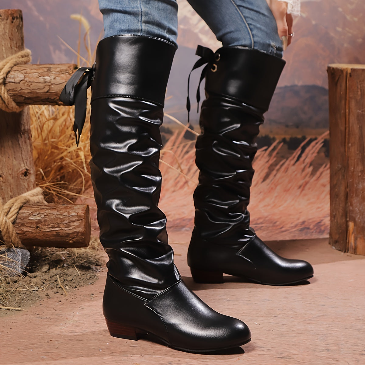 Women's Solid Color Knee-High Boots Casual Back Tie Round Toe Low Block Heel