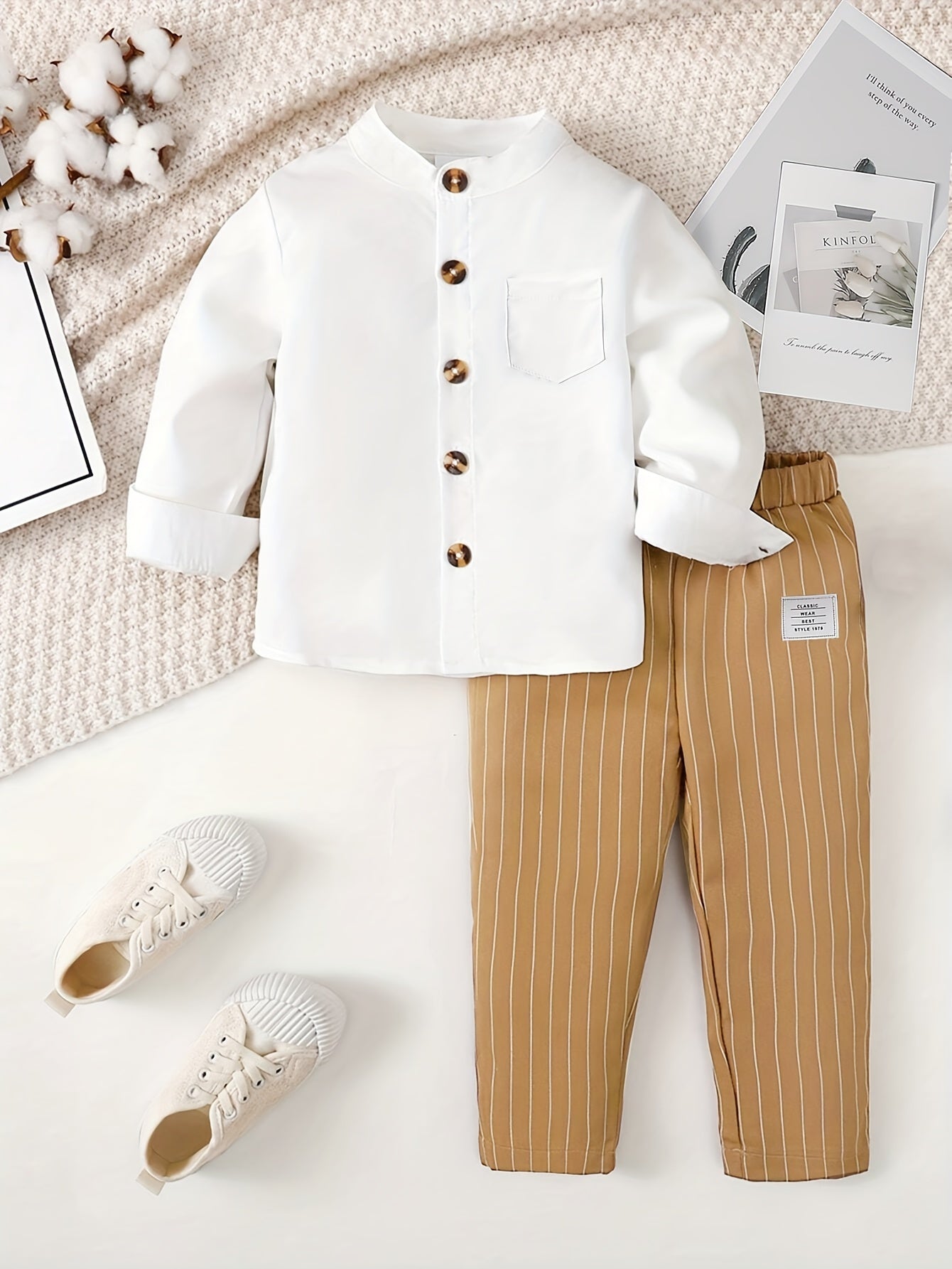 Boys' Casual Two-Piece Suit Long Sleeve Shirt and Striped Pants Fall Winter