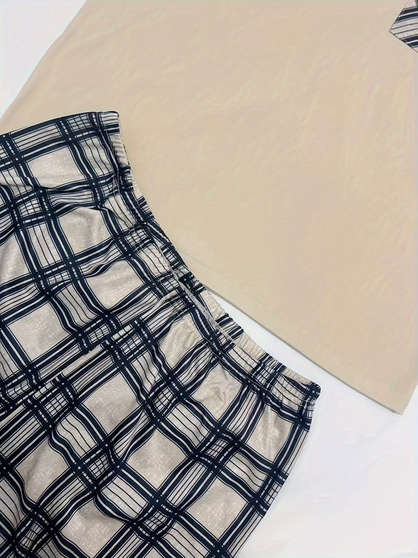 3-Piece Plaid Pajama Set Short Sleeve Crew Neck Top with Pocket Medium Stretch Polyester All-Season Comfort