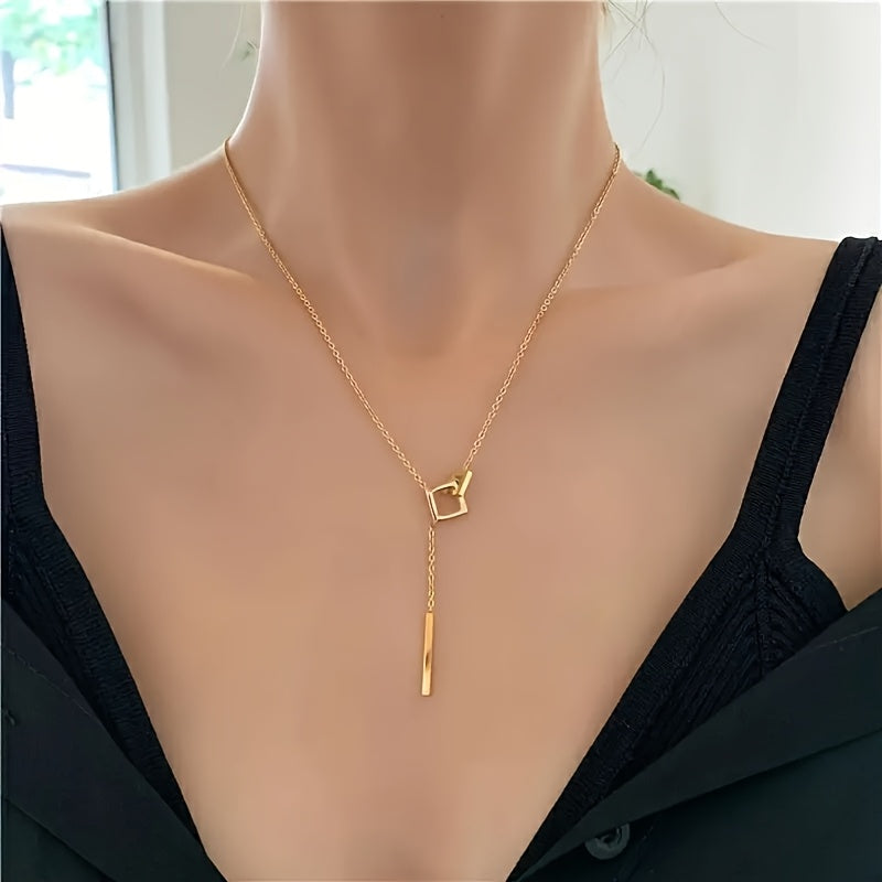 Vintage Gold Tone Geometric Square Pendant Necklace for Women