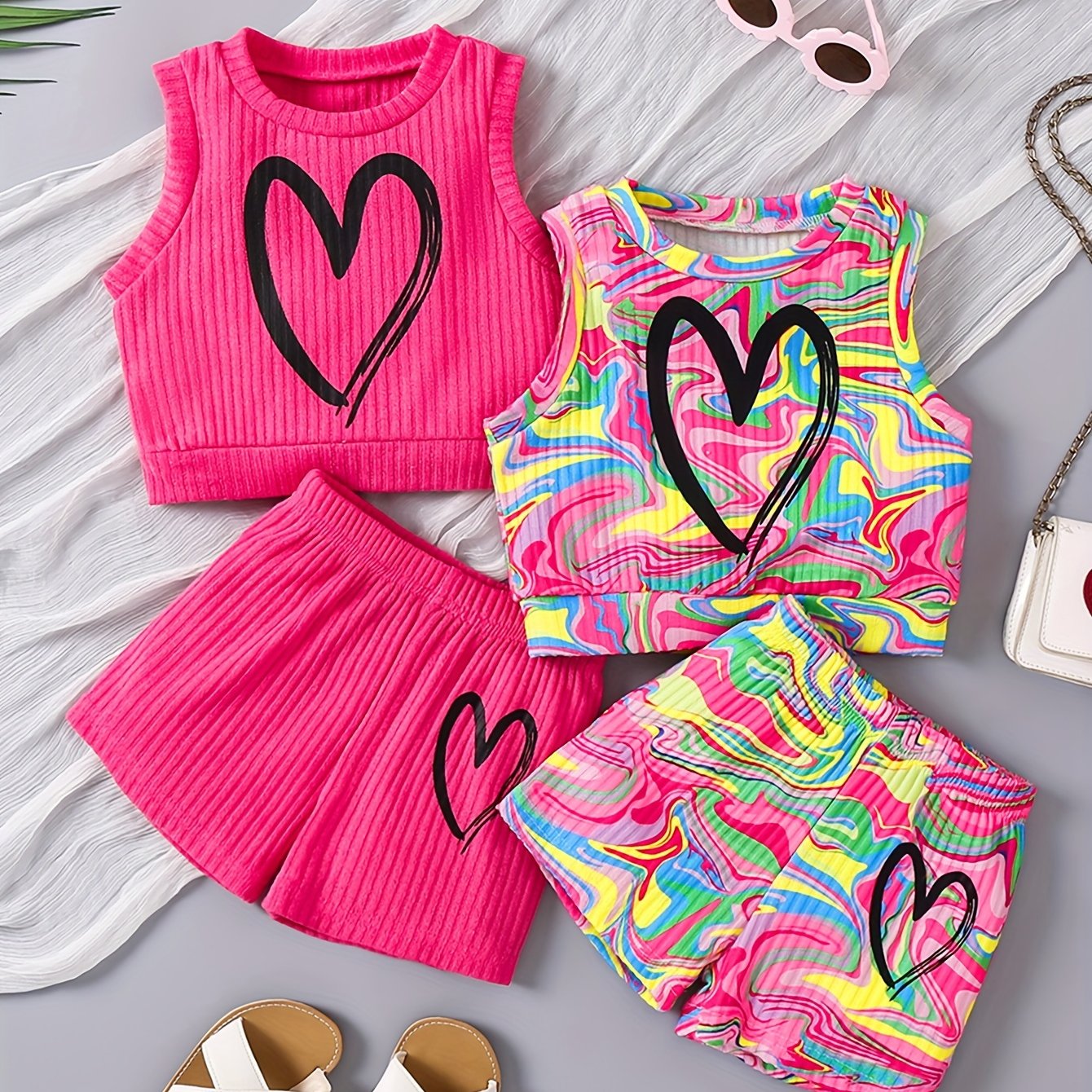 Girls Summer Outfit Set 4 Pieces Heart Print Tank Top and Shorts Polyester Knit Casual