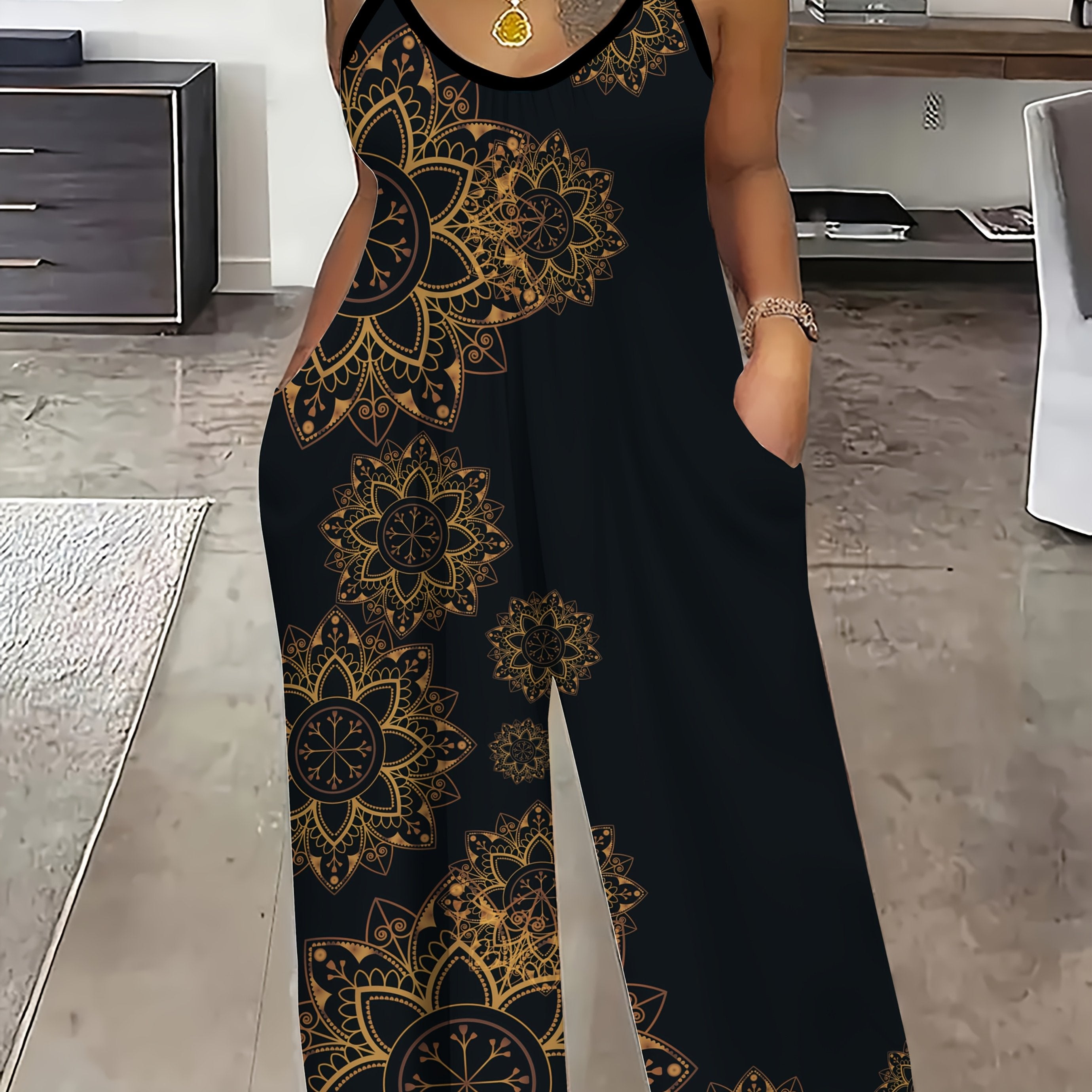 Mono sin mangas para mujer con bolsillos negro y dorado para todas las estaciones, no elástico