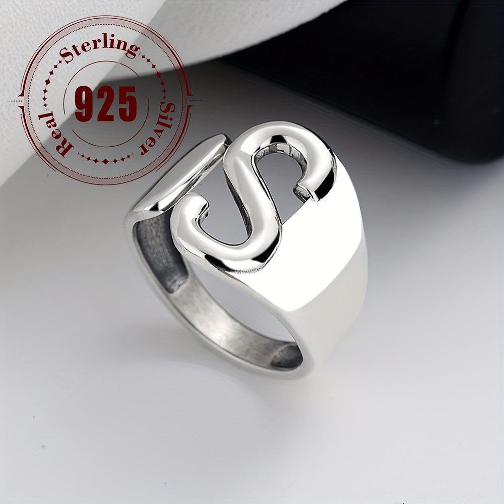 Sterling Silver 925 Wide Band Ring with Letter S Japanese Korean Fashion Everyday Wear