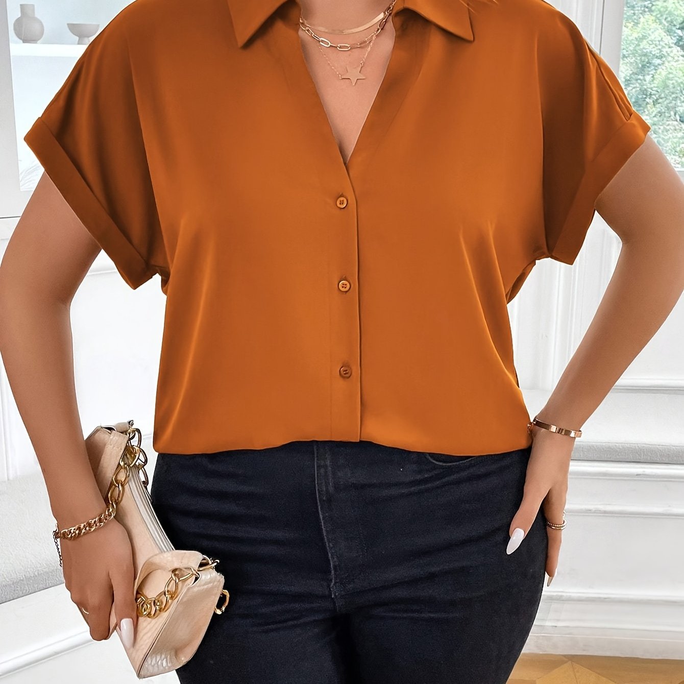 Plus Size Women's Solid Collared Blouse with Short Sleeves and Button Closure