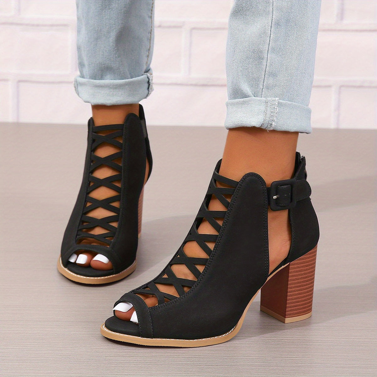 Women's Brown Faux Leather Ankle Boots Peep Toe Chunky Heel Crisscross Straps Buckle Closure Summer Rubber Sole