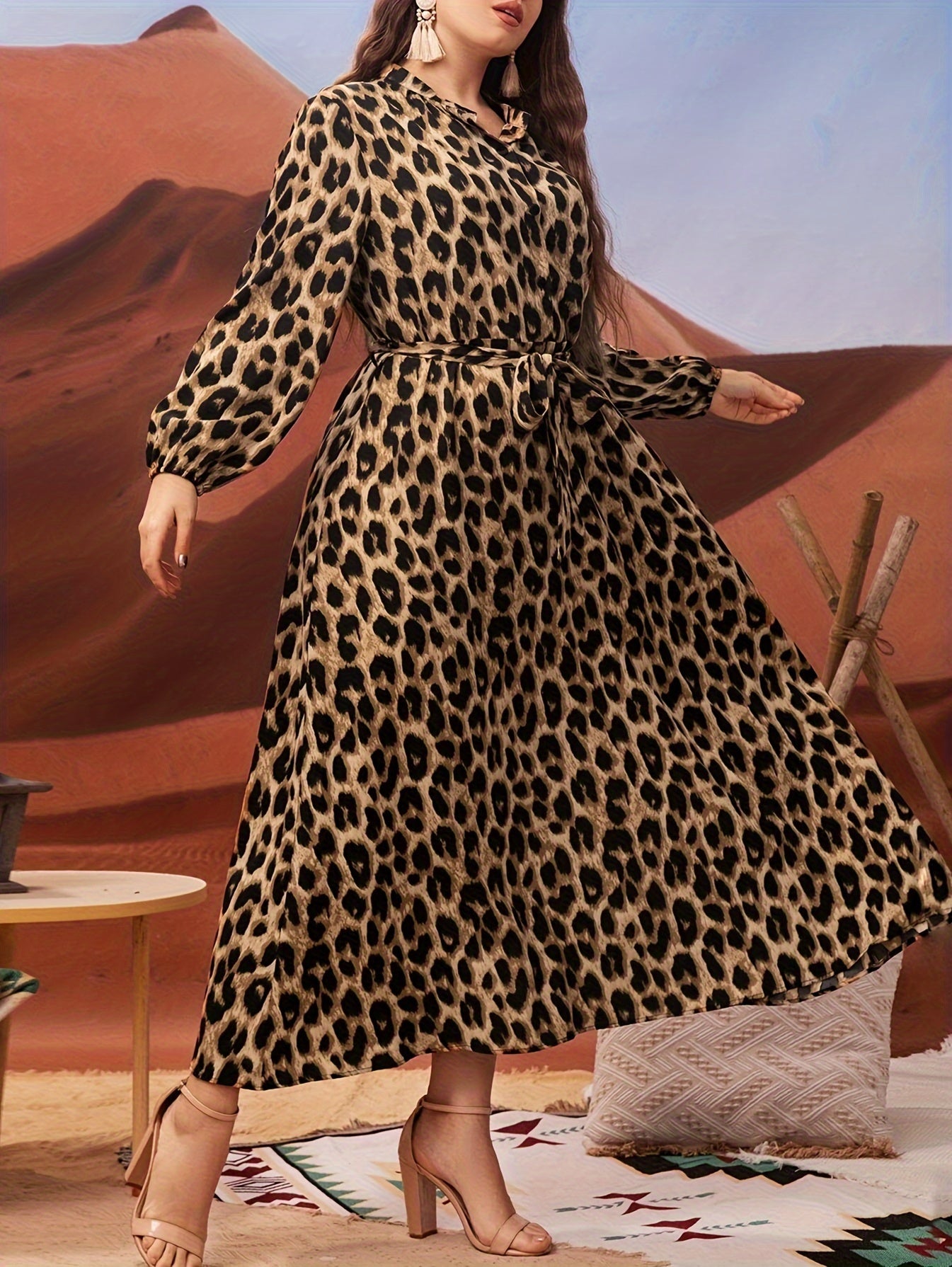 Plus-Size Leopard Print Dress with Lantern Sleeves Belt Collared Neckline Polyester All-Season