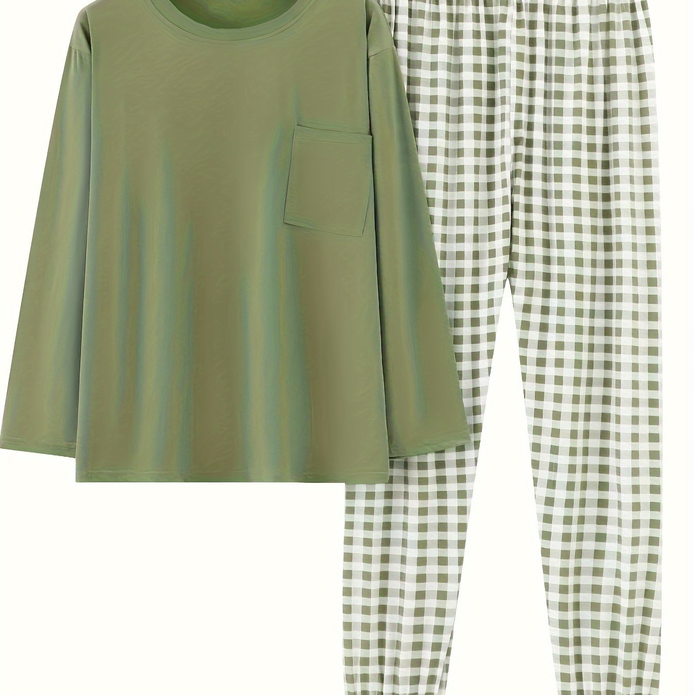 Ayollar uchun plussiz qulay pijama to'plami, yumshoq uzun qo'lqopli futbolka va qulay loungewear uchun plitkali shimlar.