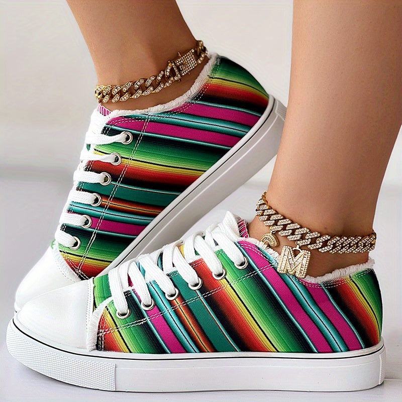 Women's Canvas Sneakers Colorful Striped Low Top Casual Shoes
