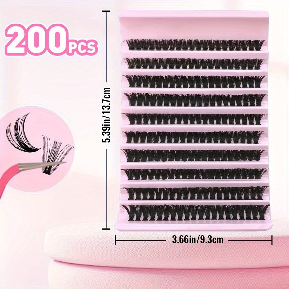 Eyelash Extension Kit 200 Pcs Natural Sticky Clusters for Self Application