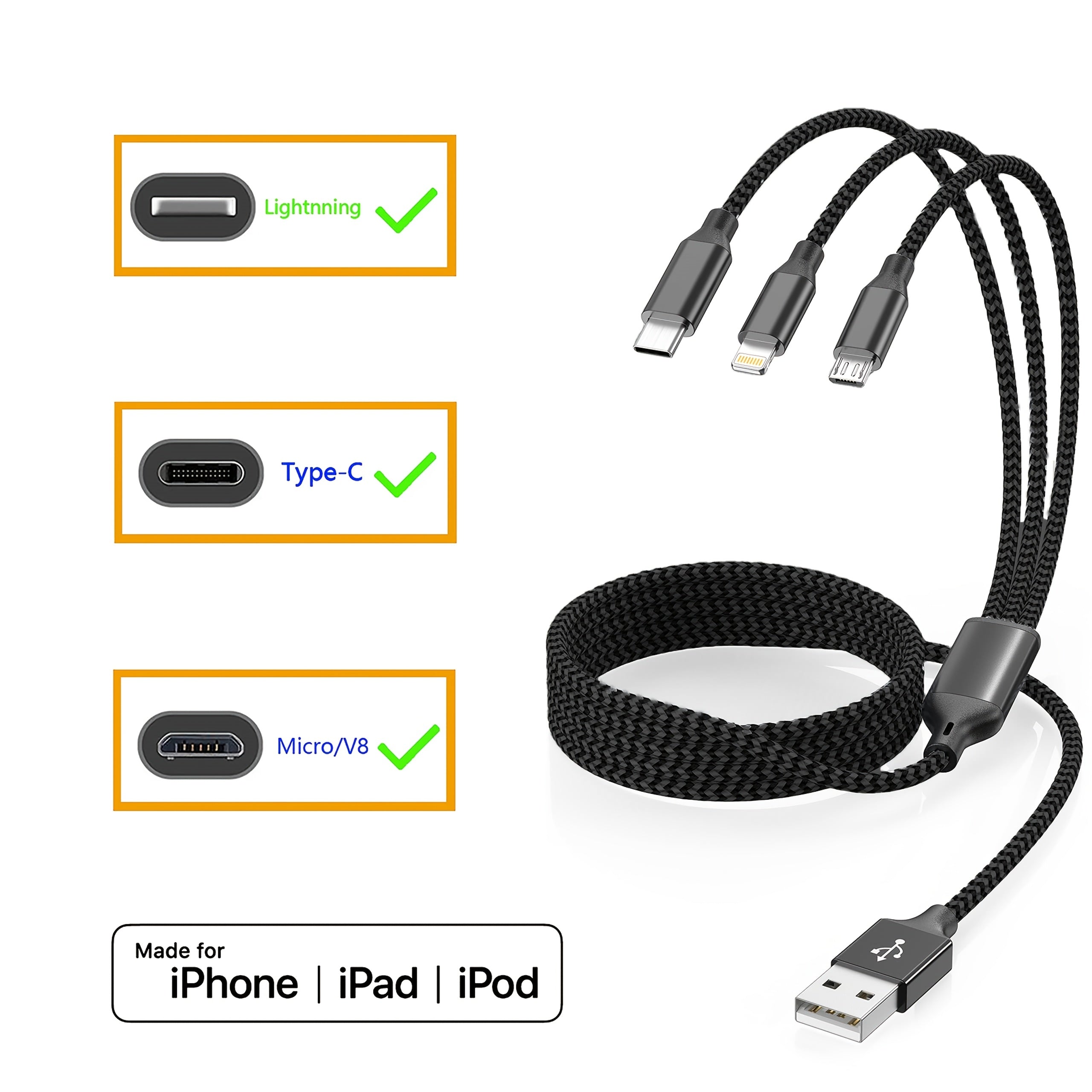 Fast Charging USB Cable for iPhone Samsung Type-C Micro USB Android Devices