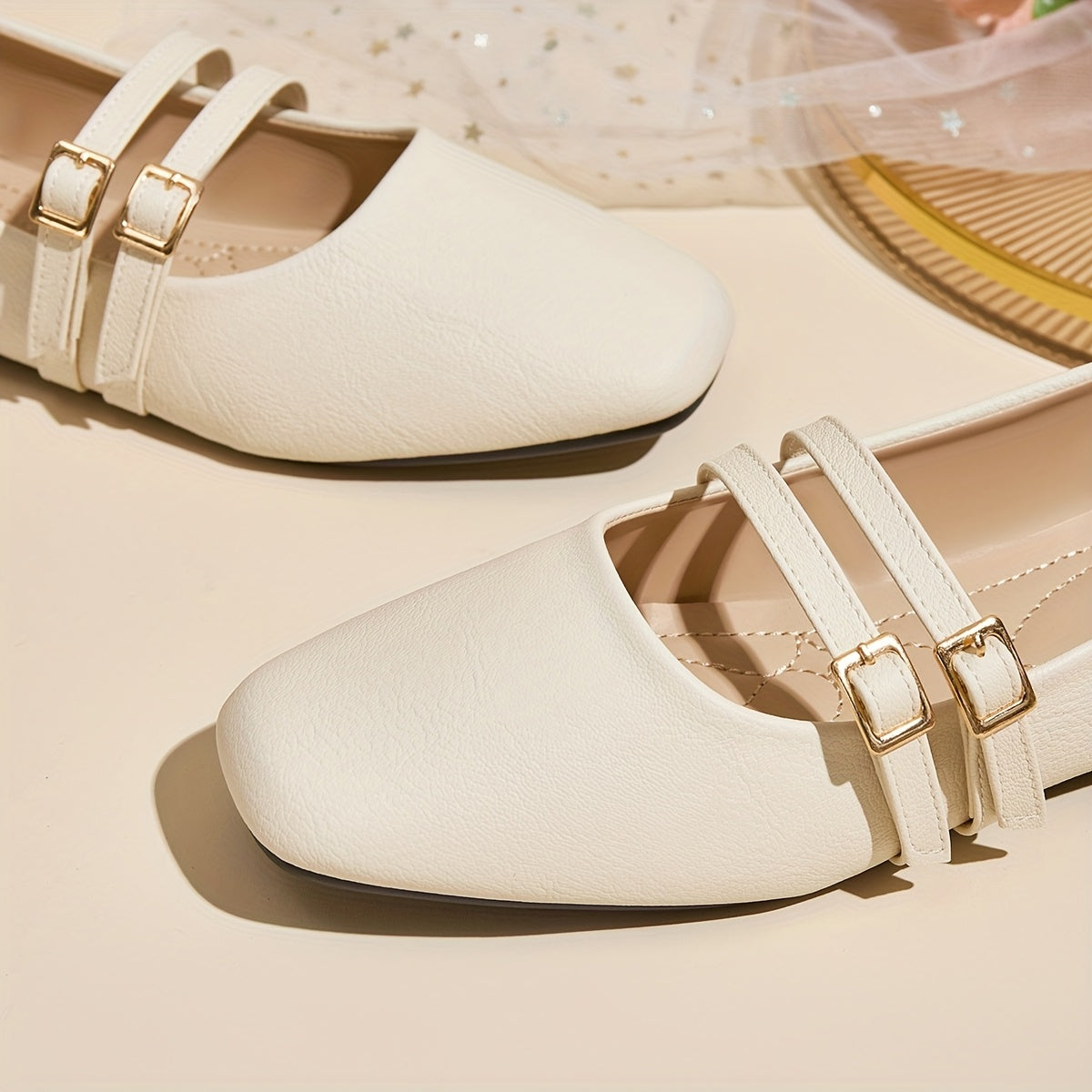 Women's Casual Flat Shoes White Gold Buckle Comfortable Slip-On