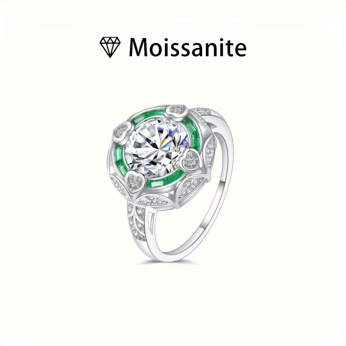 Women’s 2Ct Moissanite Engagement Ring Silver Bohemian Court Style Green Accents