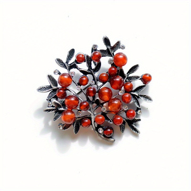 Vintage Berry Branch Brooch Rhinestone Lapel Pin for Suits and Sweaters