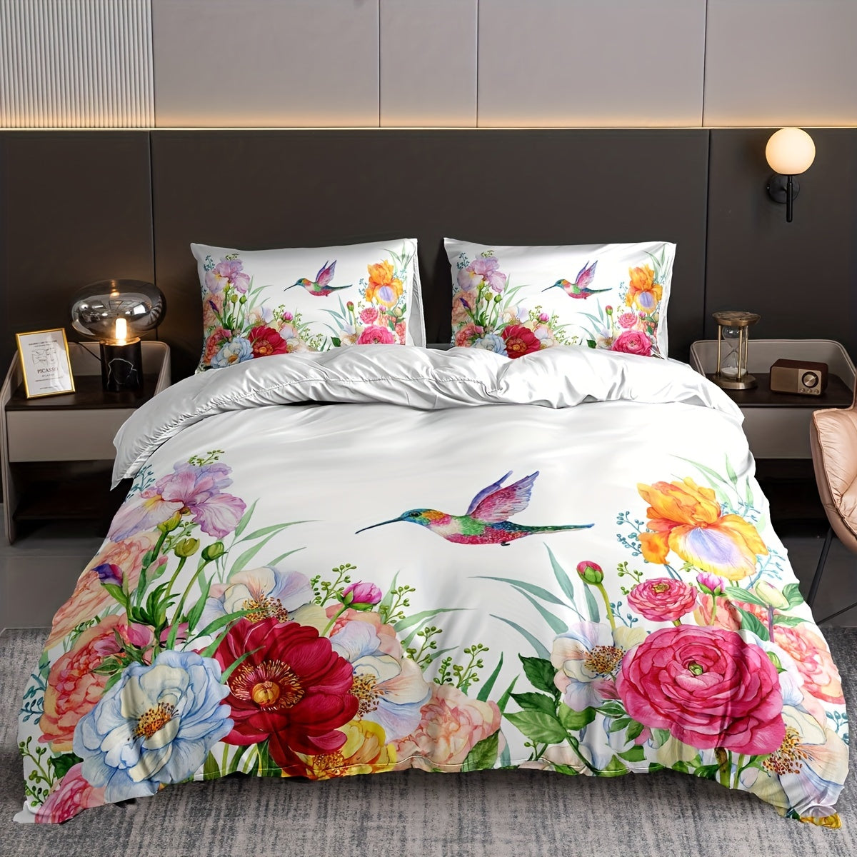 Set of 3 Floral Bird Print Duvet Cover Sets Breathable Bedding for Bedroom or Guest Room