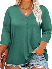 Women's Plus Size V-Neck Tunic Top 3/4 Sleeve Button Front Casual Breathable