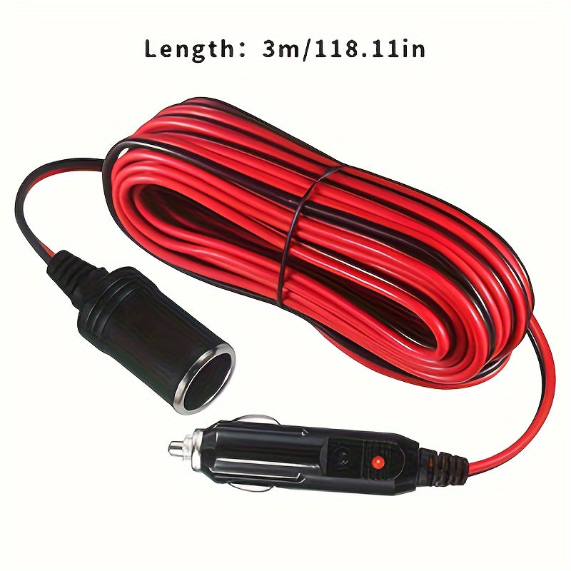 Cable de extensión para coche 3M 12V 24V Cargador de batería con luz LED y fusible