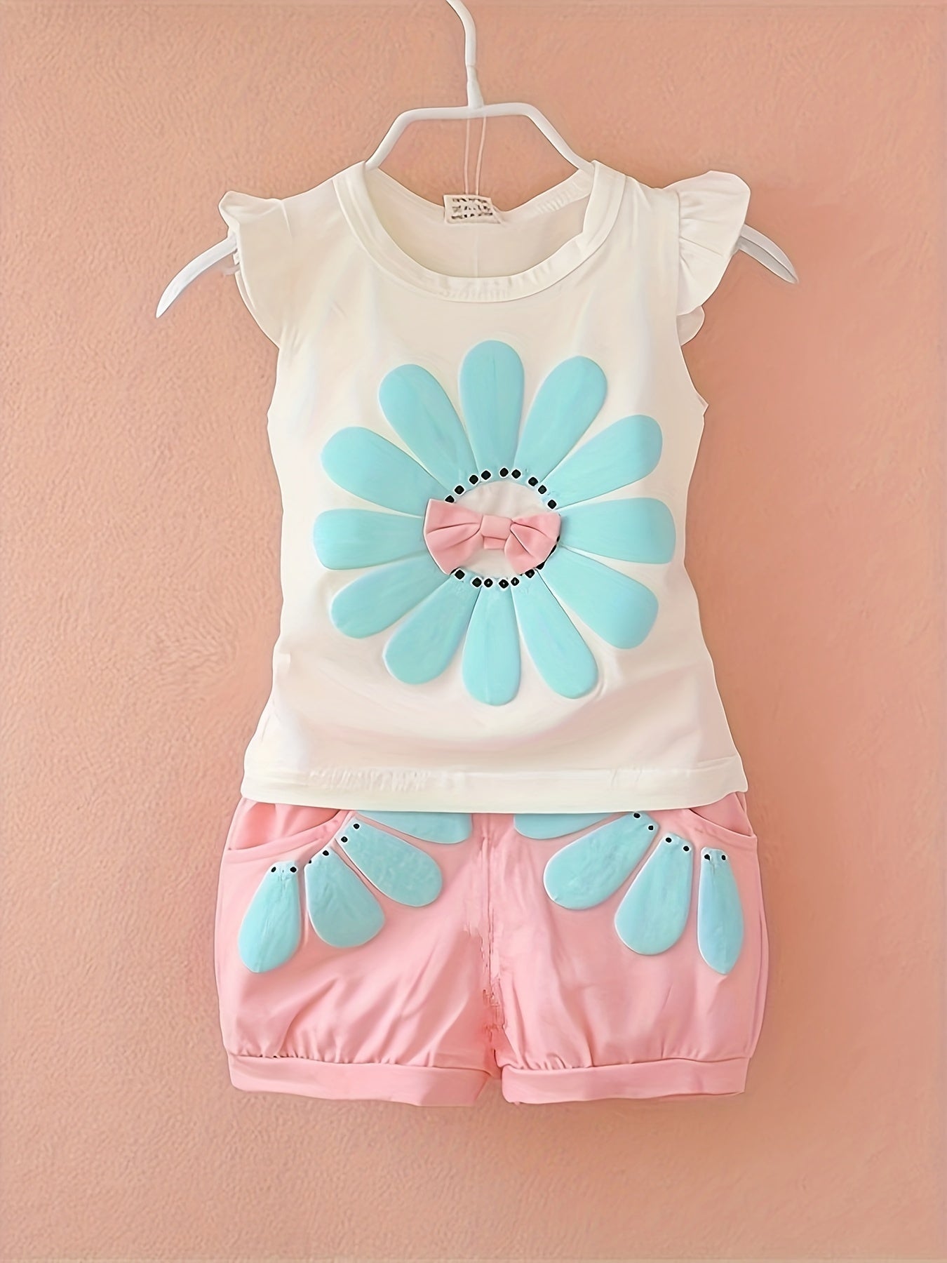 Girls Summer Two-Piece Set Cotton Sunflower Print Top and Shorts Casual Outdoor Wear