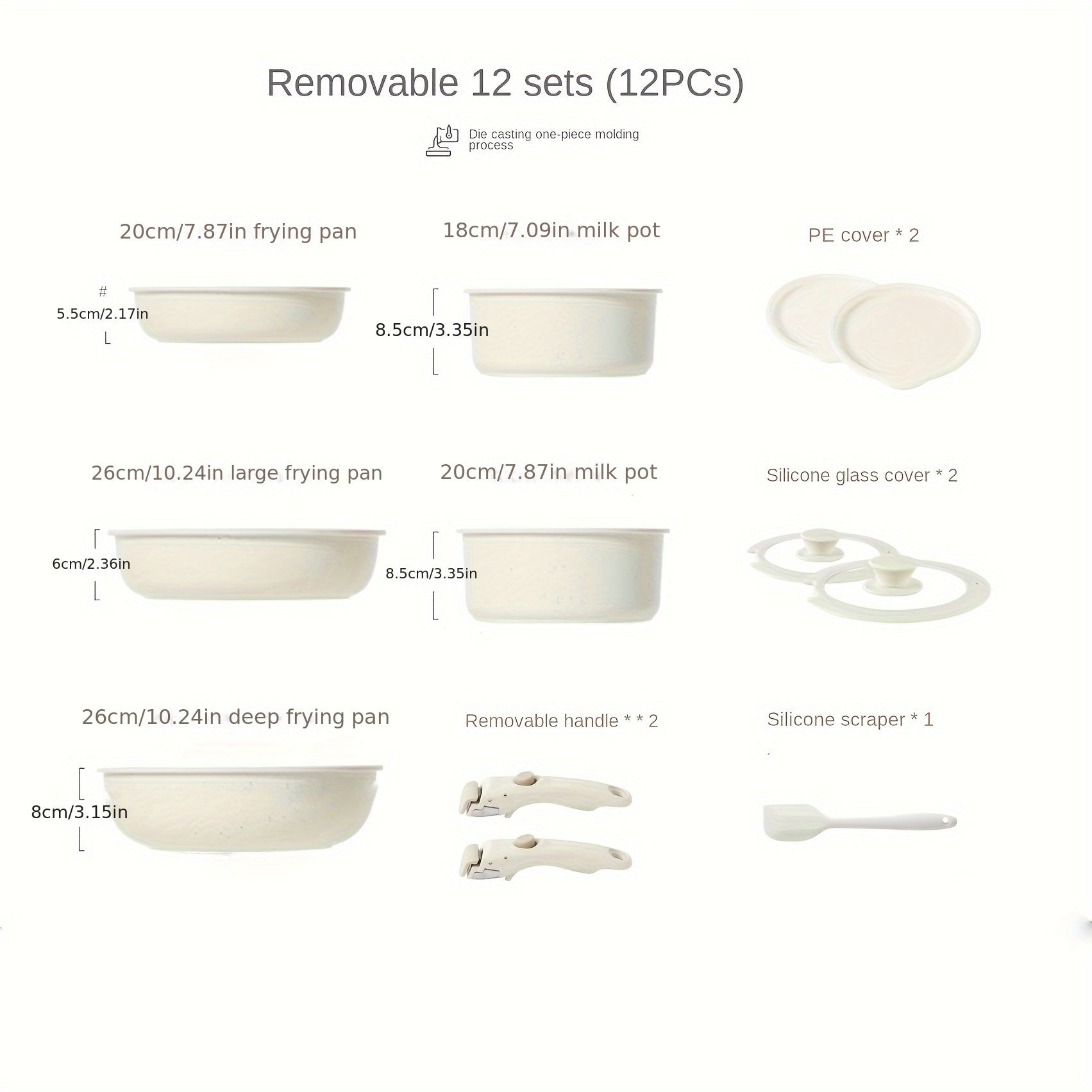 Набор из 12 предметов посуды с съемными ручками, изготовленный из антипригарного алюминия. Можно мыть в посудомоечной машине и использовать в духовке, идеально подходит для индукционных плит.