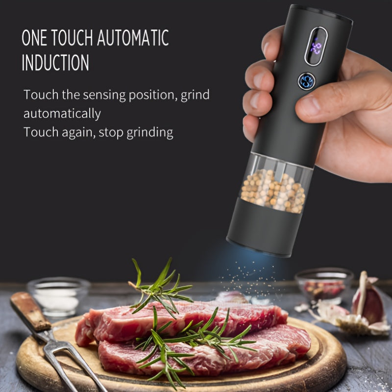 T touch switch bilan elektr tuz va murch maydalagich, harorat va namlik ko'rsatkichi, litiy batareya, LED chiroq, bitta qo'l bilan ishlash, sozlanadigan maydalash, qora shaker, oshxona asbobi.