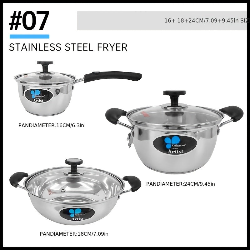 Stainless Steel Cookware Set 3 Pieces Induction Gas Stove Compatible Kitchen