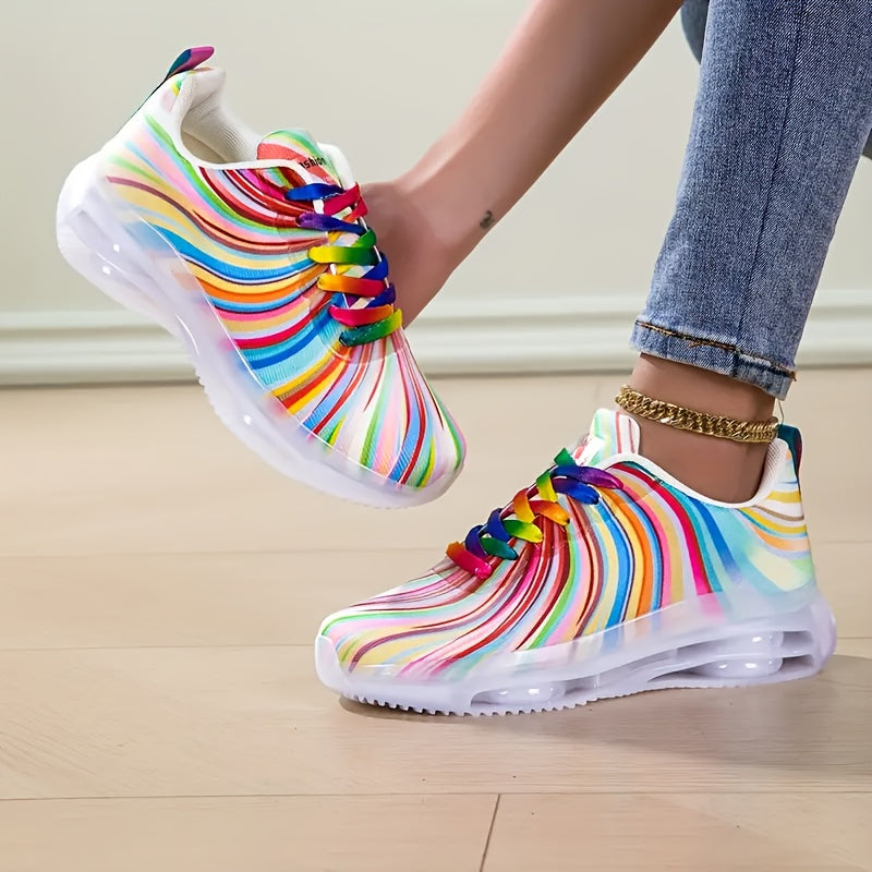 Women’s Rainbow Striped Mesh Sneakers Low-Top Casual Shoes Breathable Flexible