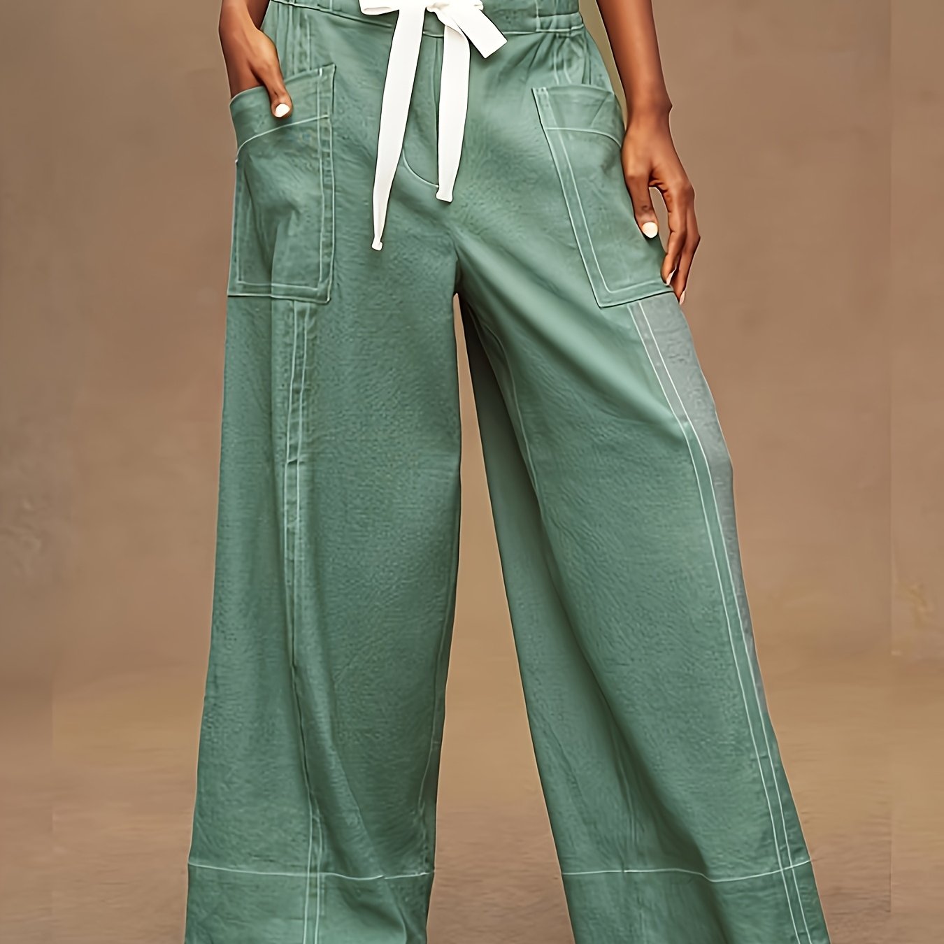 Women Plus Size Wide Leg Pants with Drawstring Elastic Waist Beige