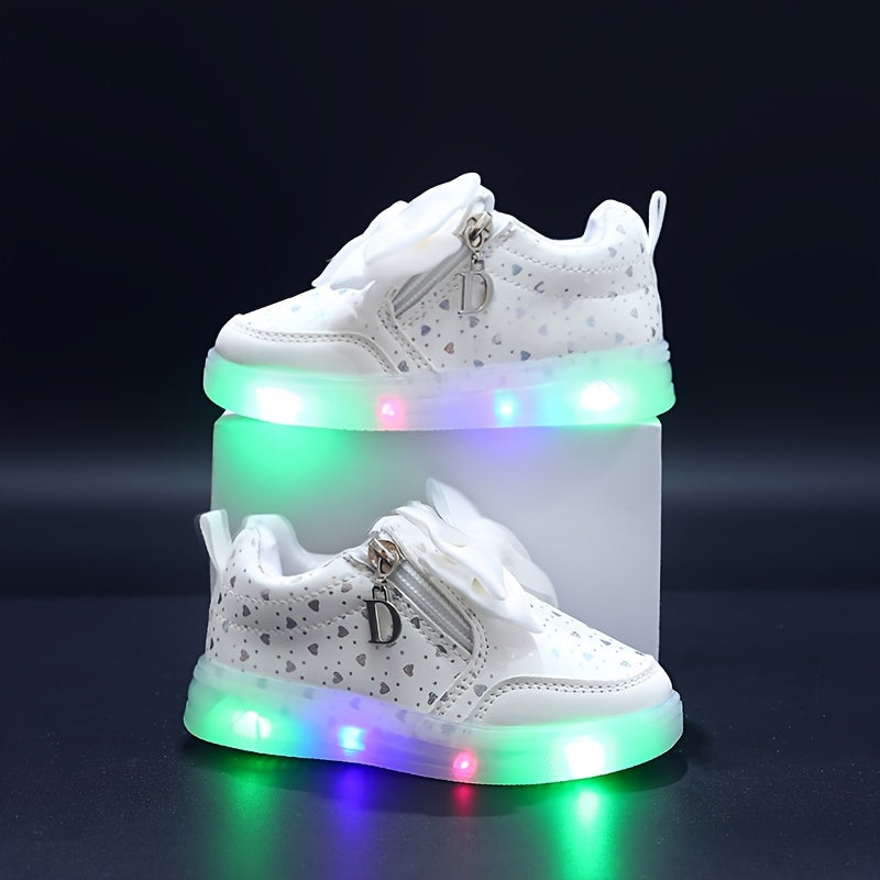 Girls LED Glow-in-the-Dark Sneakers Pink White Casual Street Style Soft Sole Round Toe Zipper Closure