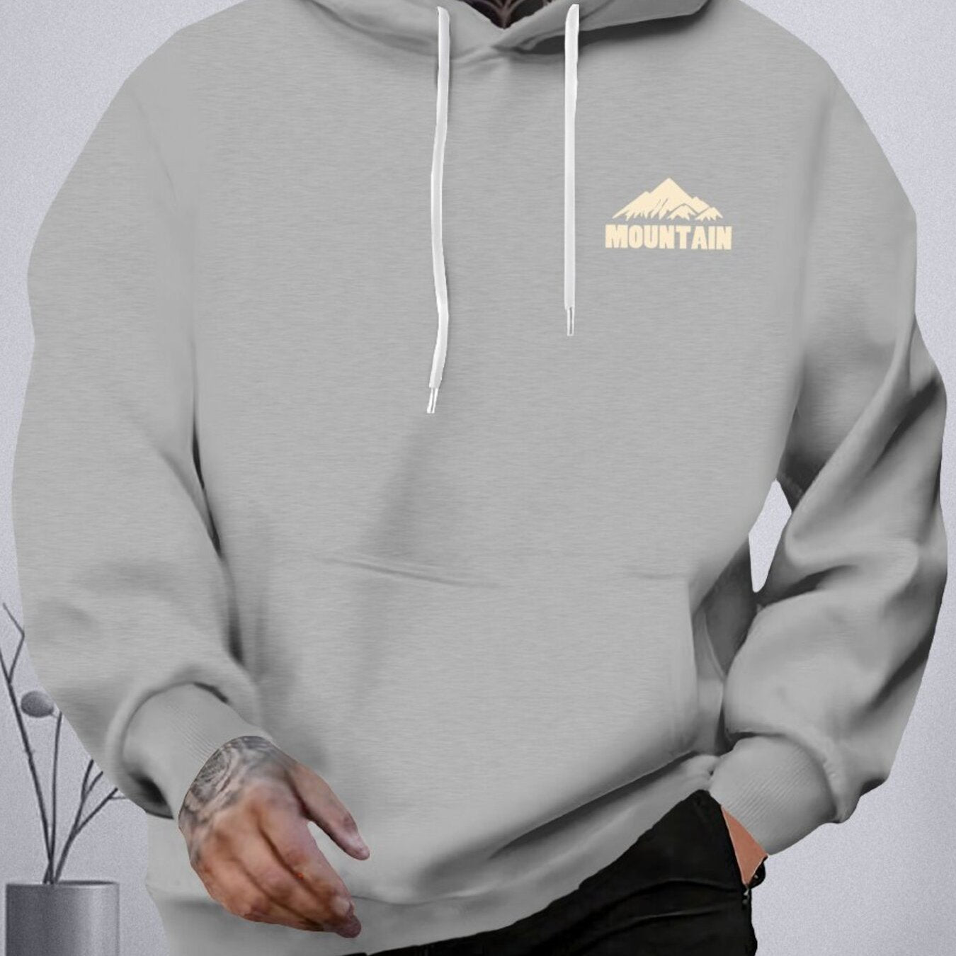 Sudadera de poliéster con forro de vellón con estampado de montaña para hombre de tallas grandes