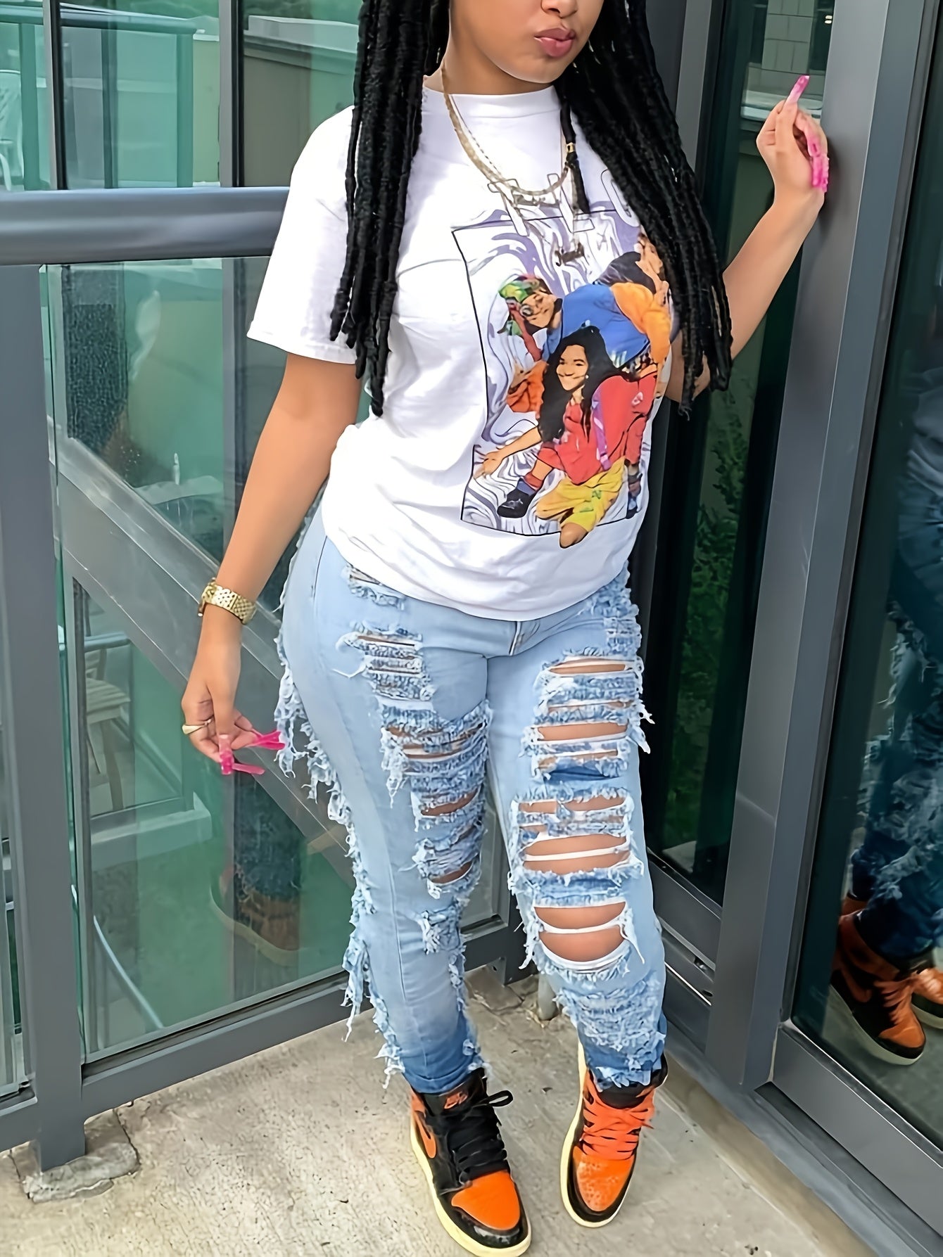 Jeans para mujer de corte casual ajustado, con alta elasticidad y talla grande, en color degradado